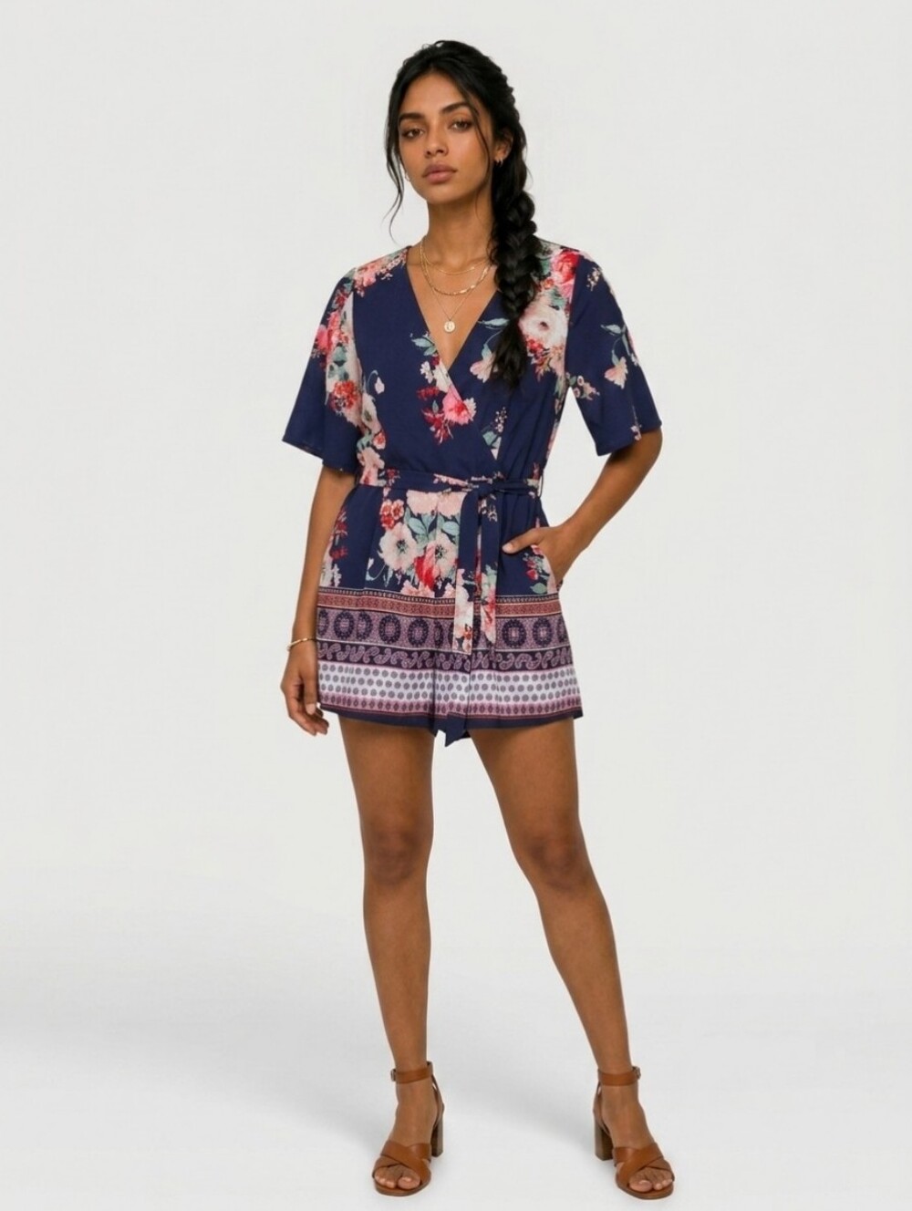 "Trixxi" Blue Floral Bohemian Romper - Size X-Large - GUC